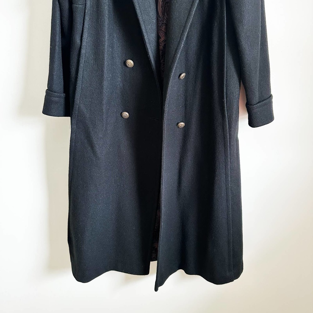 Vintage Black Double Breasted Long Wool Coat Pleated Puff Shoulder sz 8 Petite - Picture 8 of 15